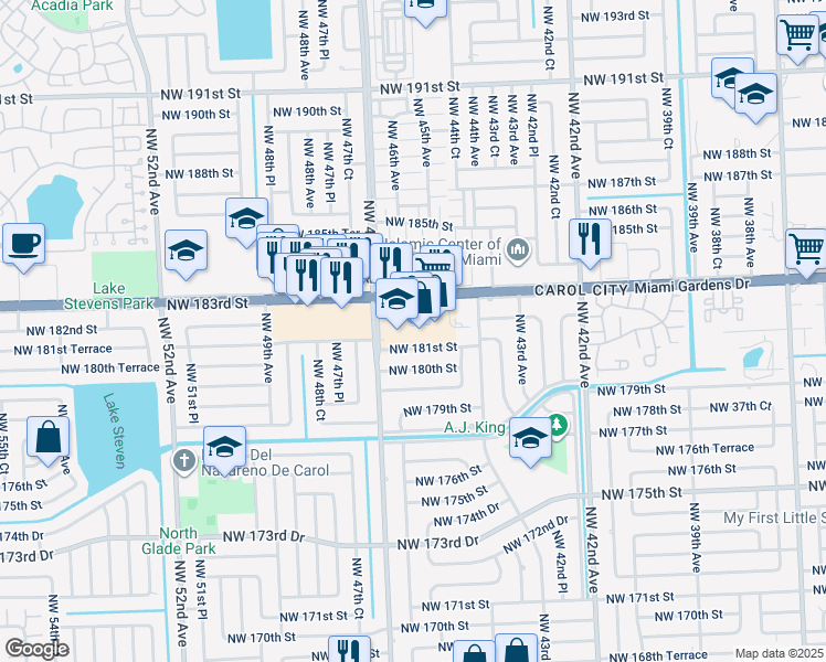 map of restaurants, bars, coffee shops, grocery stores, and more near 4510 Northwest 181st Street in Miami Gardens
