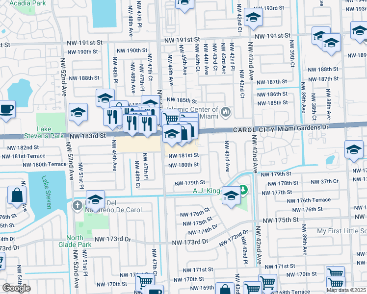 map of restaurants, bars, coffee shops, grocery stores, and more near 4510 Northwest 181st Street in Miami Gardens