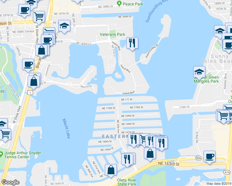 map of restaurants, bars, coffee shops, grocery stores, and more near 1801 West Island Boulevard in Aventura