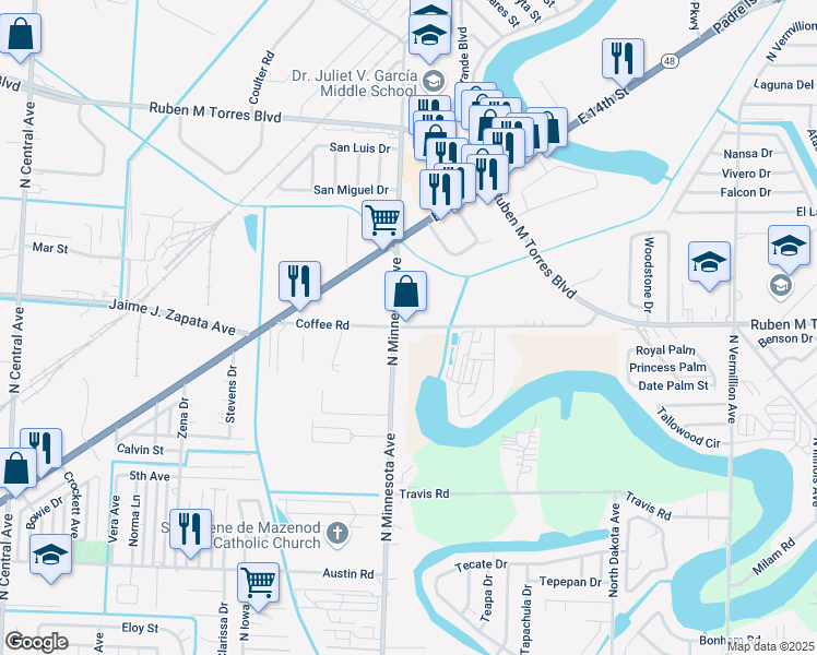 map of restaurants, bars, coffee shops, grocery stores, and more near 4350 Coffee Road in Brownsville