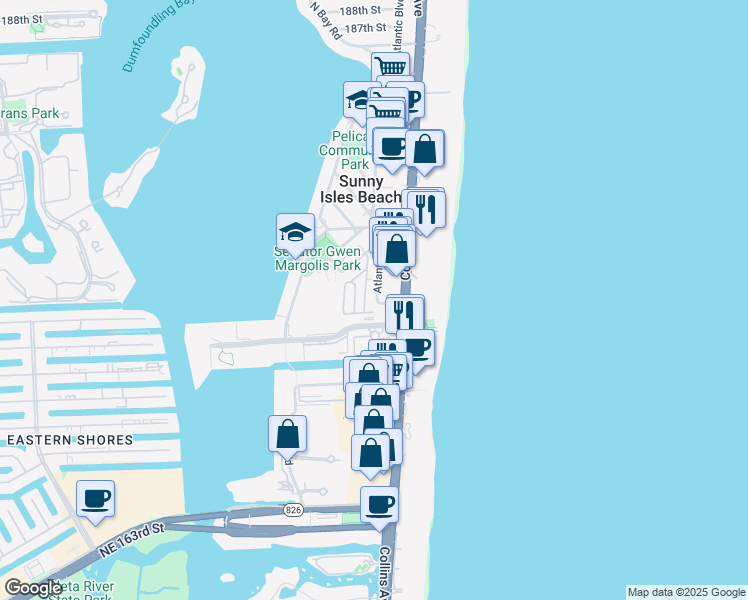 map of restaurants, bars, coffee shops, grocery stores, and more near 210 Northeast 175th Terrace in Sunny Isles Beach