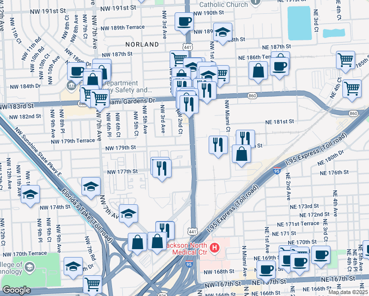 map of restaurants, bars, coffee shops, grocery stores, and more near 17802 Northwest 2nd Avenue in Miami Gardens