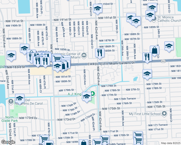 map of restaurants, bars, coffee shops, grocery stores, and more near 18030 Northwest 42nd Place in Miami Gardens