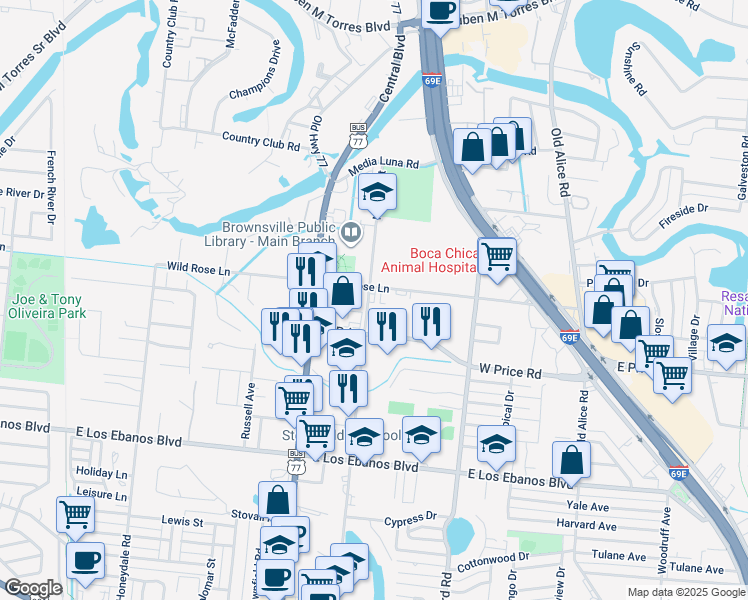 map of restaurants, bars, coffee shops, grocery stores, and more near 2408-2470 North Coria Street in Brownsville