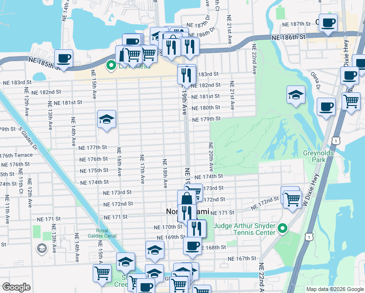 map of restaurants, bars, coffee shops, grocery stores, and more near in North Miami Beach