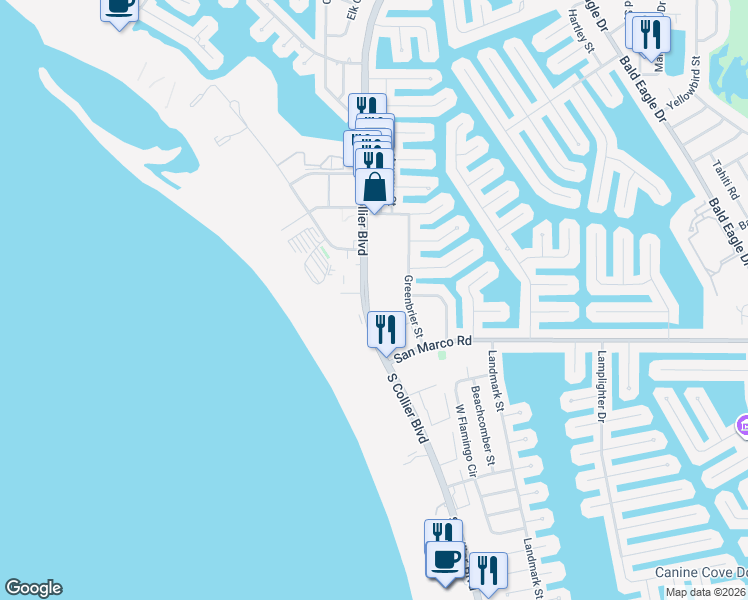map of restaurants, bars, coffee shops, grocery stores, and more near 87 North Collier Boulevard in Marco Island