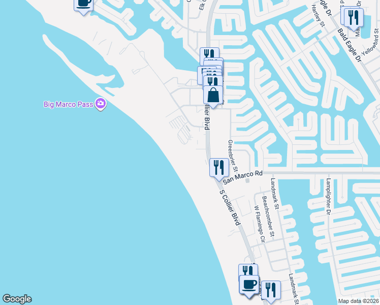map of restaurants, bars, coffee shops, grocery stores, and more near 58 North Collier Boulevard in Marco Island