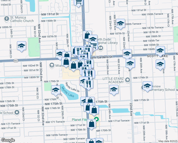 map of restaurants, bars, coffee shops, grocery stores, and more near 17920 Northwest 25th Court in Miami Gardens