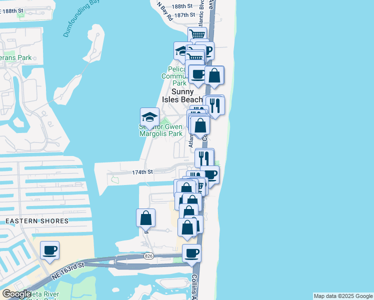 map of restaurants, bars, coffee shops, grocery stores, and more near 210 Northeast 175th Terrace in Sunny Isles Beach