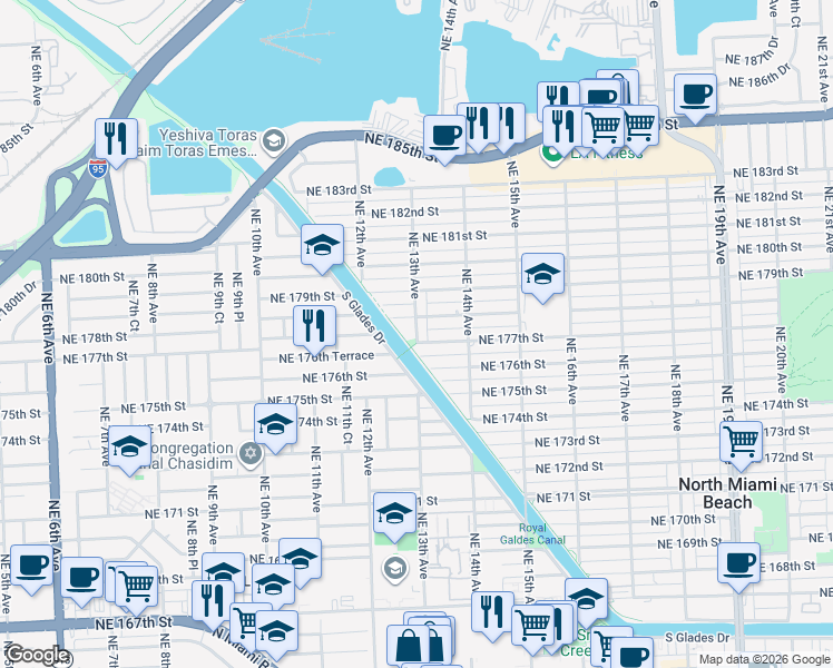 map of restaurants, bars, coffee shops, grocery stores, and more near 17731-17739 North Glades Drive in North Miami Beach
