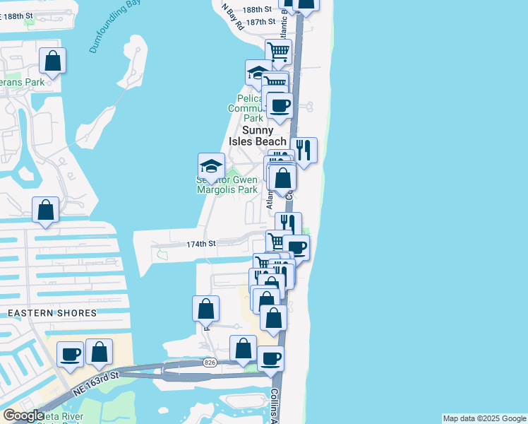 map of restaurants, bars, coffee shops, grocery stores, and more near 210 Northeast 175th Terrace in Sunny Isles Beach