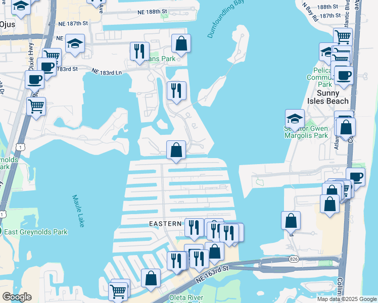 map of restaurants, bars, coffee shops, grocery stores, and more near 3745 Northeast 171 Street in North Miami Beach