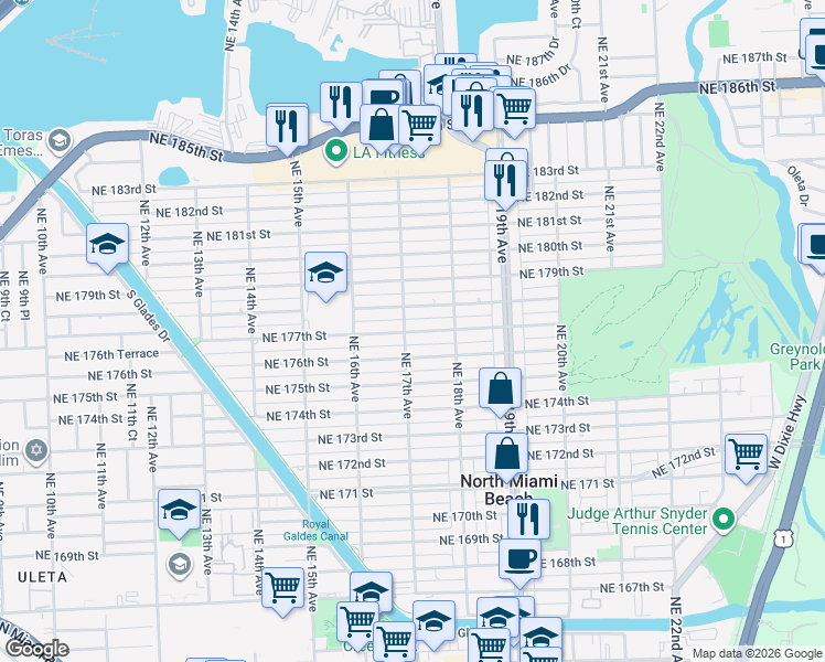 map of restaurants, bars, coffee shops, grocery stores, and more near 1723 Northeast 176th Street in North Miami Beach