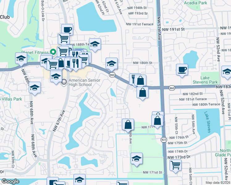 map of restaurants, bars, coffee shops, grocery stores, and more near 18125 Northwest 61st Avenue in Hialeah