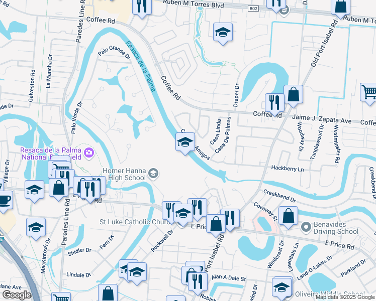 map of restaurants, bars, coffee shops, grocery stores, and more near 2615 East Price Road in Brownsville