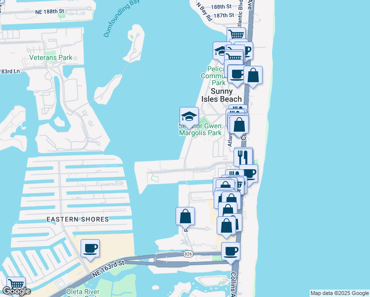 map of restaurants, bars, coffee shops, grocery stores, and more near 17500 North Bay Road in Sunny Isles Beach