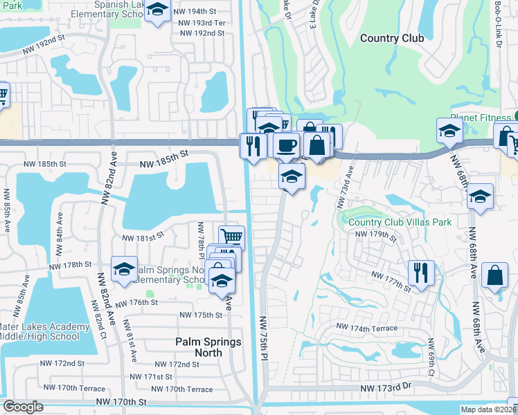 map of restaurants, bars, coffee shops, grocery stores, and more near 7663 Northwest 181st Street in Hialeah