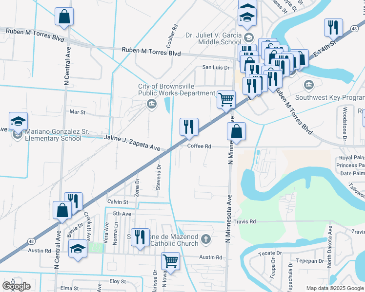 map of restaurants, bars, coffee shops, grocery stores, and more near 3463 Coffee Port Road in Brownsville