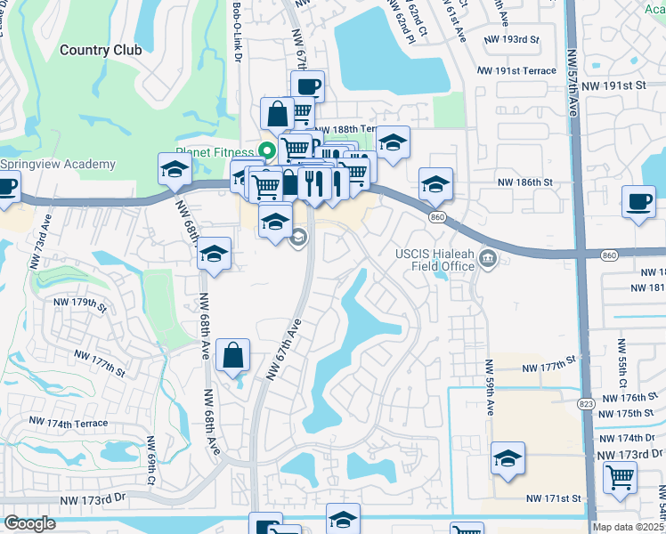 map of restaurants, bars, coffee shops, grocery stores, and more near 18123 Northwest 66th Court in Hialeah