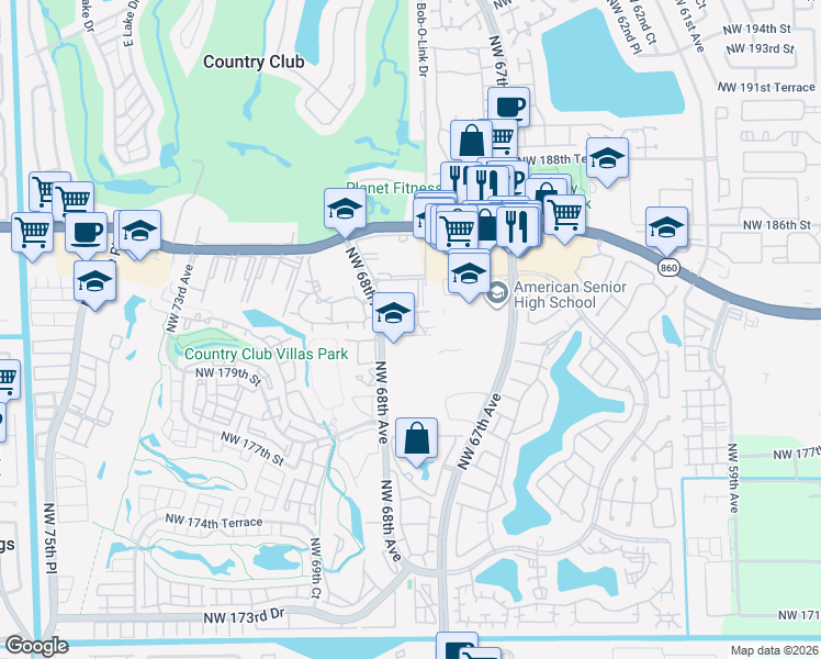 map of restaurants, bars, coffee shops, grocery stores, and more near 1844 Northwest 68th Avenue in Hialeah