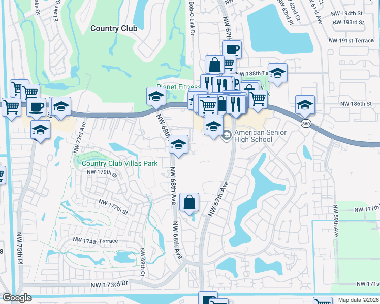 map of restaurants, bars, coffee shops, grocery stores, and more near 6751 Northwest 182nd Street in Hialeah