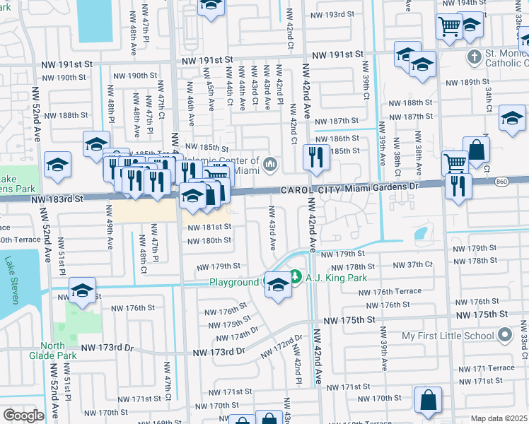 map of restaurants, bars, coffee shops, grocery stores, and more near 4330 Northwest 183rd Street in Miami Gardens