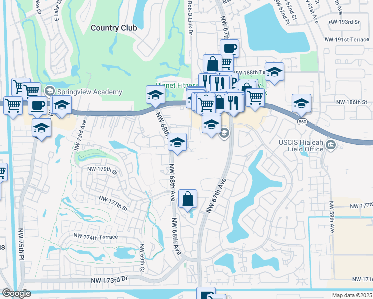 map of restaurants, bars, coffee shops, grocery stores, and more near 1844 Northwest 68th Avenue in Hialeah