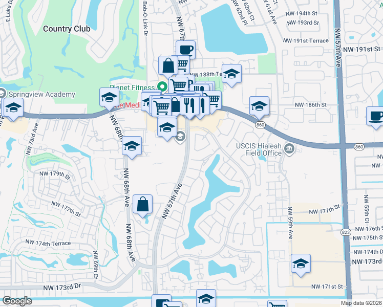 map of restaurants, bars, coffee shops, grocery stores, and more near 18220 Mediterranean Boulevard in Hialeah