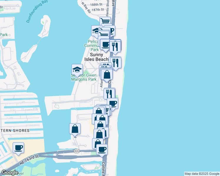 map of restaurants, bars, coffee shops, grocery stores, and more near 17555 Florida A1A in Sunny Isles Beach