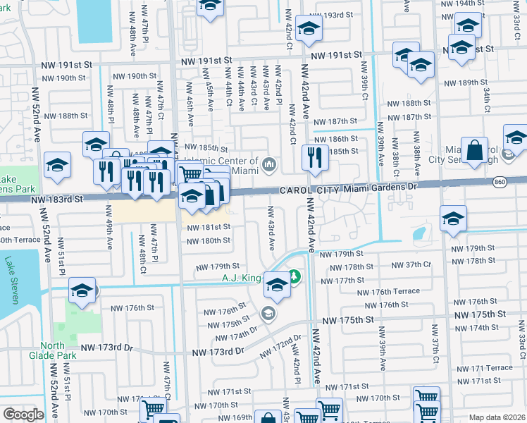map of restaurants, bars, coffee shops, grocery stores, and more near 4330 Northwest 183rd Street in Miami Gardens