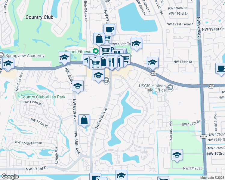 map of restaurants, bars, coffee shops, grocery stores, and more near 18220 Mediterranean Boulevard in Hialeah