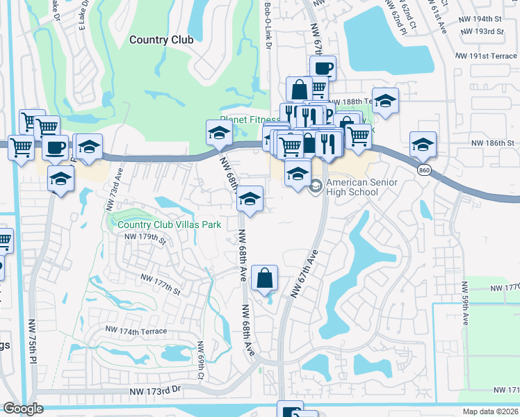 map of restaurants, bars, coffee shops, grocery stores, and more near 1844 Northwest 68th Avenue in Hialeah