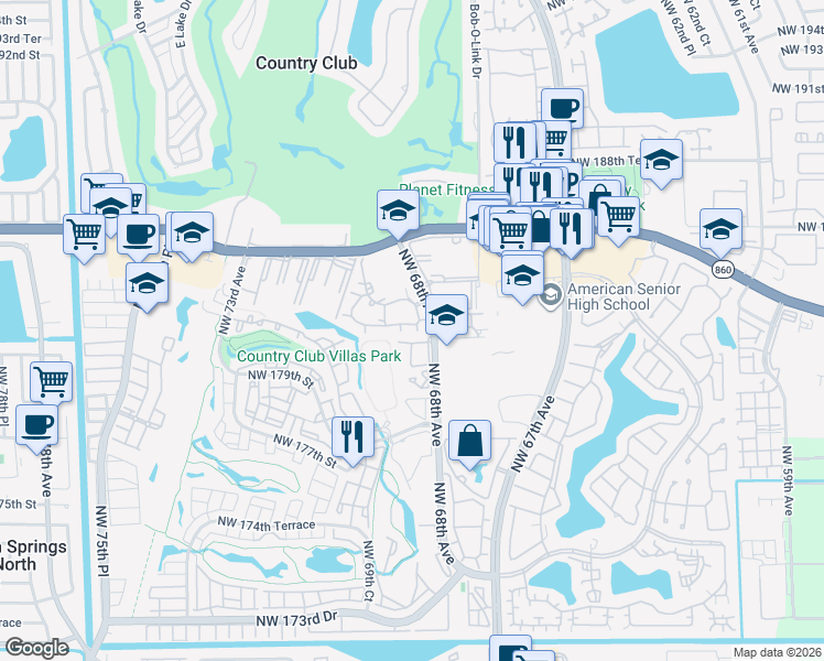map of restaurants, bars, coffee shops, grocery stores, and more near 18306 Northwest 68th Avenue in Hialeah