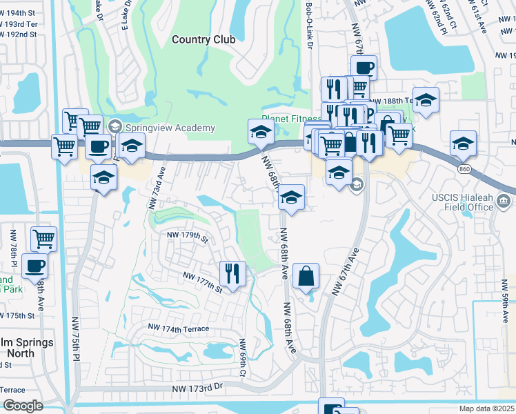 map of restaurants, bars, coffee shops, grocery stores, and more near 18306 Northwest 68th Avenue in Hialeah