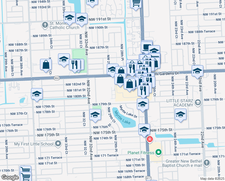 map of restaurants, bars, coffee shops, grocery stores, and more near 2800 NorthWest 182nd Street in Miami Gardens