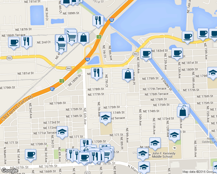 map of restaurants, bars, coffee shops, grocery stores, and more near 745 Northeast 178th Terrace in Miami