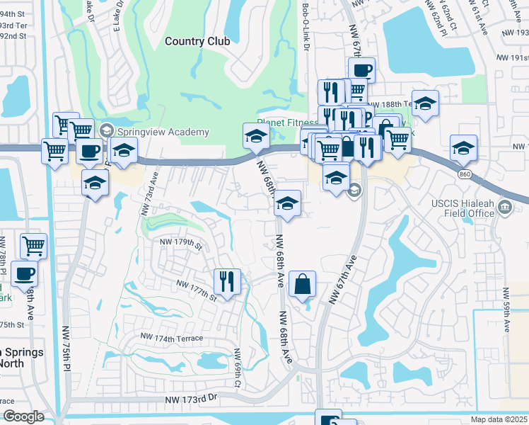 map of restaurants, bars, coffee shops, grocery stores, and more near 18306 Northwest 68th Avenue in Hialeah