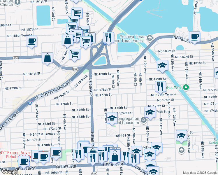 map of restaurants, bars, coffee shops, grocery stores, and more near 745 Northeast 178th Terrace in Miami