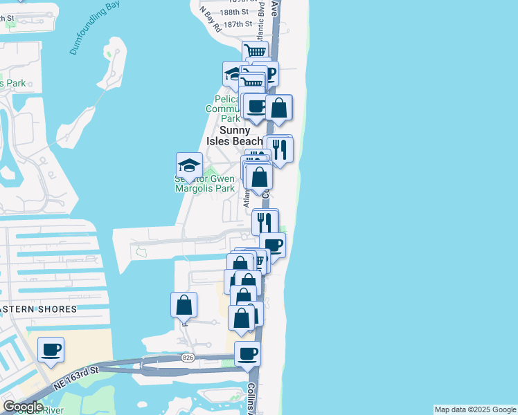 map of restaurants, bars, coffee shops, grocery stores, and more near 17555 Atlantic Boulevard in Sunny Isles Beach