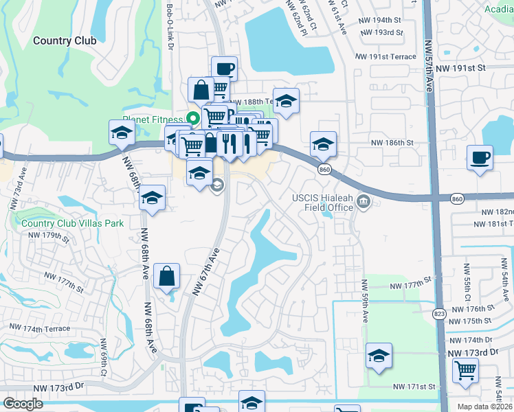 map of restaurants, bars, coffee shops, grocery stores, and more near 18266 Mediterranean Boulevard in Hialeah