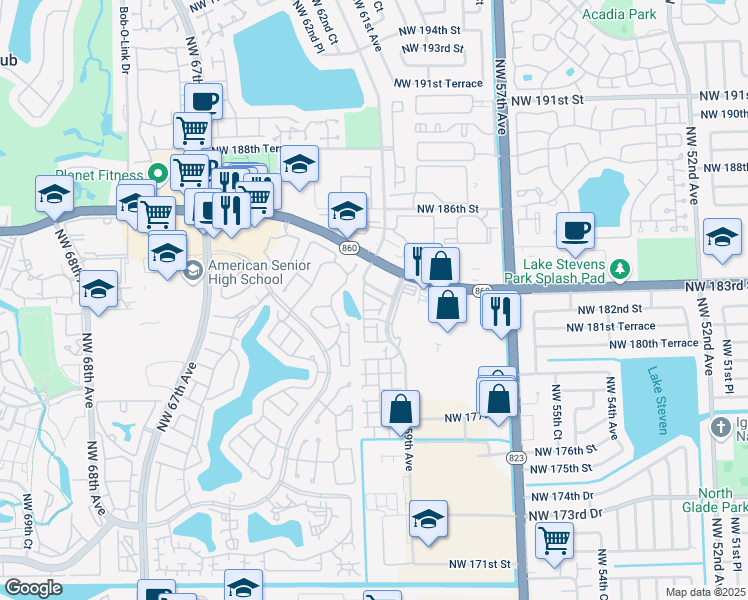 map of restaurants, bars, coffee shops, grocery stores, and more near 6001 Northwest 182nd Lane in Hialeah
