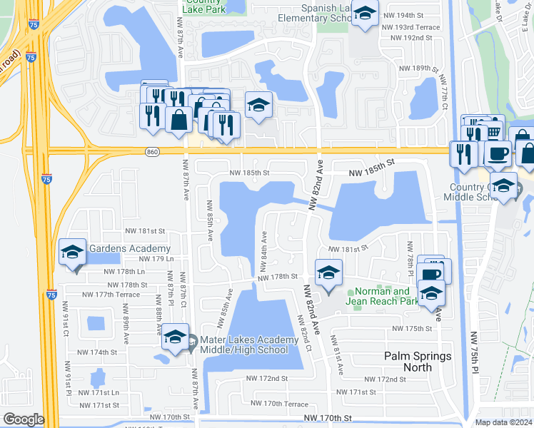 map of restaurants, bars, coffee shops, grocery stores, and more near 18714 Northwest 84th Avenue in Hialeah