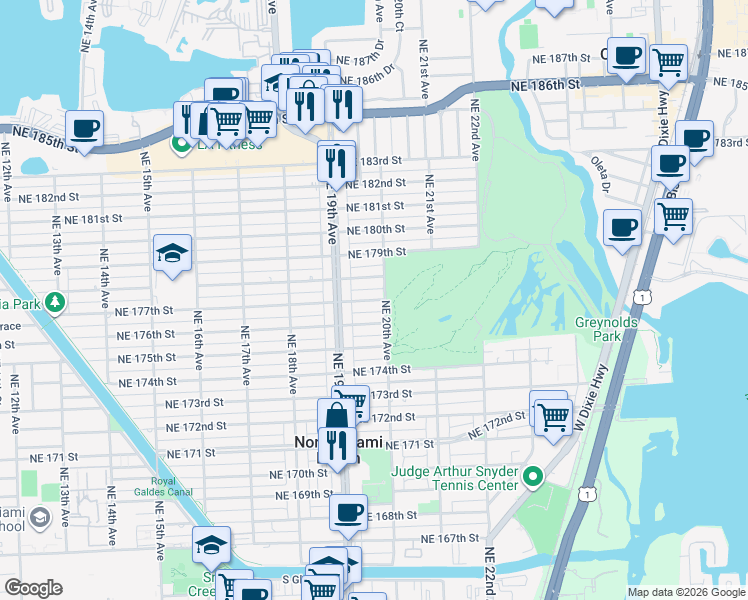 map of restaurants, bars, coffee shops, grocery stores, and more near 1958 Northeast 178th Street in North Miami Beach