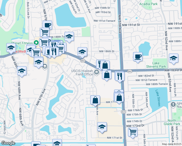 map of restaurants, bars, coffee shops, grocery stores, and more near 6001 Northwest 182nd Lane in Hialeah
