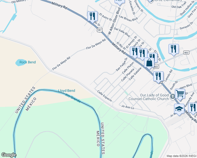 map of restaurants, bars, coffee shops, grocery stores, and more near 2015 San Felipe Drive in Brownsville