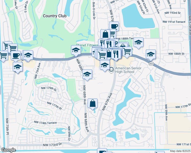 map of restaurants, bars, coffee shops, grocery stores, and more near 6751 Northwest 182nd Street in Hialeah