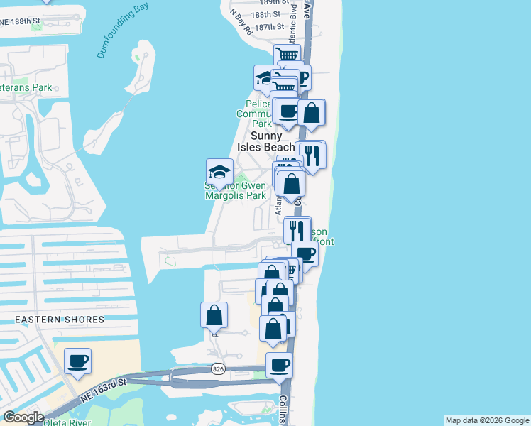 map of restaurants, bars, coffee shops, grocery stores, and more near 17775 North Bay Road in Sunny Isles Beach
