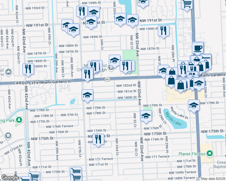 map of restaurants, bars, coffee shops, grocery stores, and more near 3402 Northwest 182nd Street in Miami Gardens