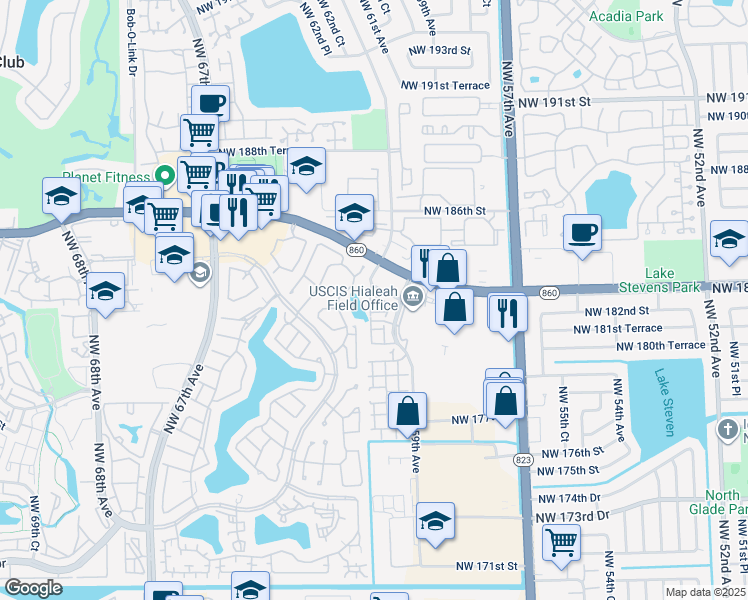 map of restaurants, bars, coffee shops, grocery stores, and more near 6001 Northwest 182nd Lane in Hialeah