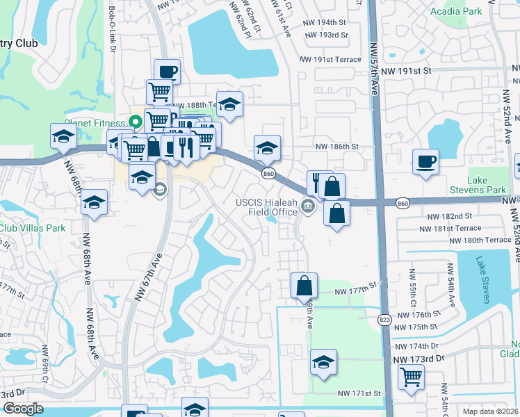 map of restaurants, bars, coffee shops, grocery stores, and more near 18304 Northwest 61st Avenue in Hialeah